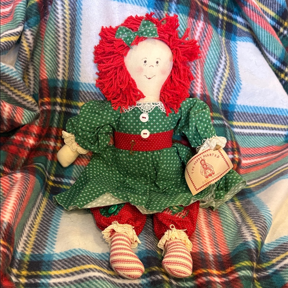 Handmade Green and Red Raggedy Ann Rag Doll with Christmas Dot Dress primative